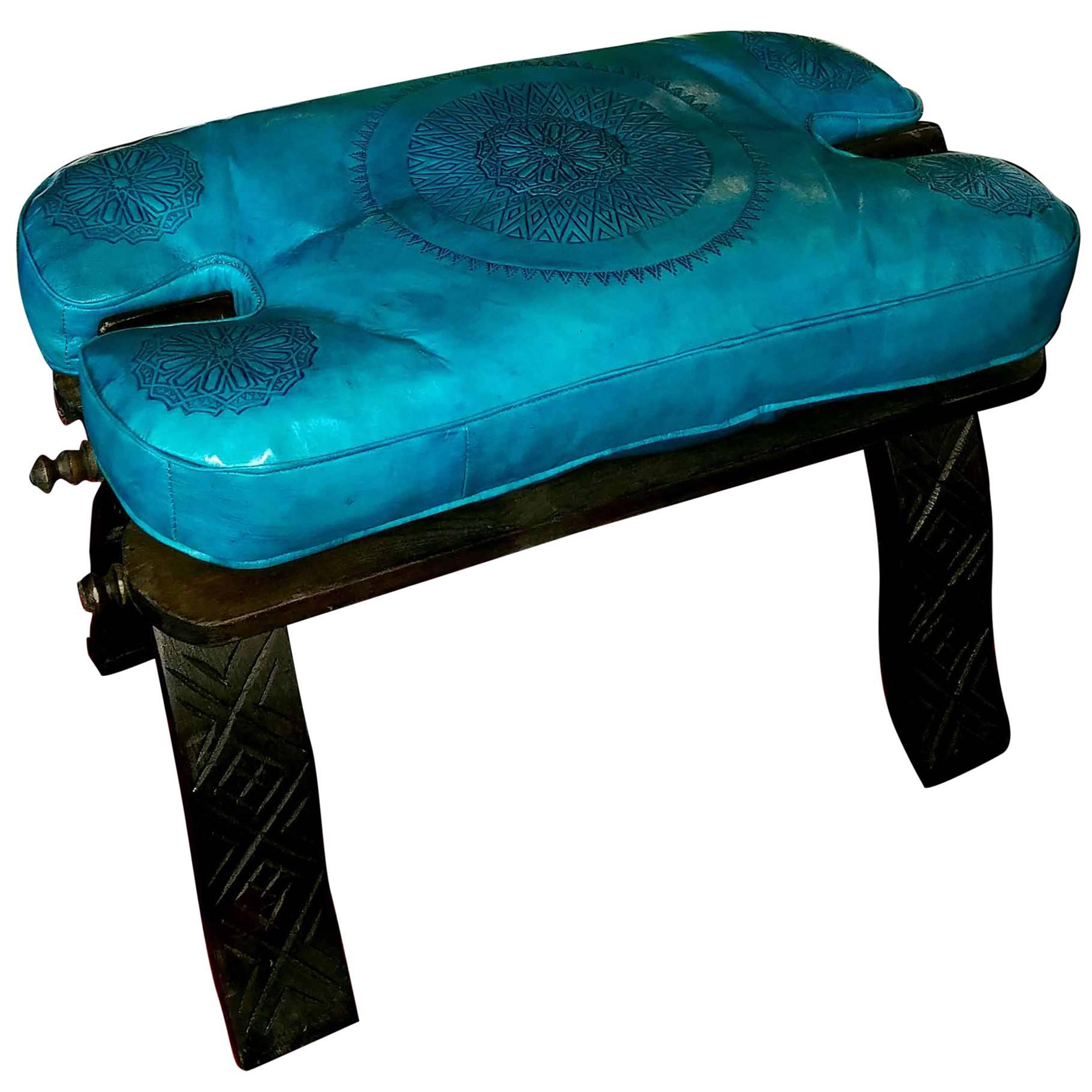 Handmade Moroccan Camel Saddle, Turquoise Leather Cushion For Sale