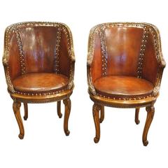 Pair of Edwardian Leather and Walnut Tub Chairs 6
