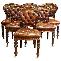 Antique Set of Six Victorian Carved Mahogany and Leather Chairs