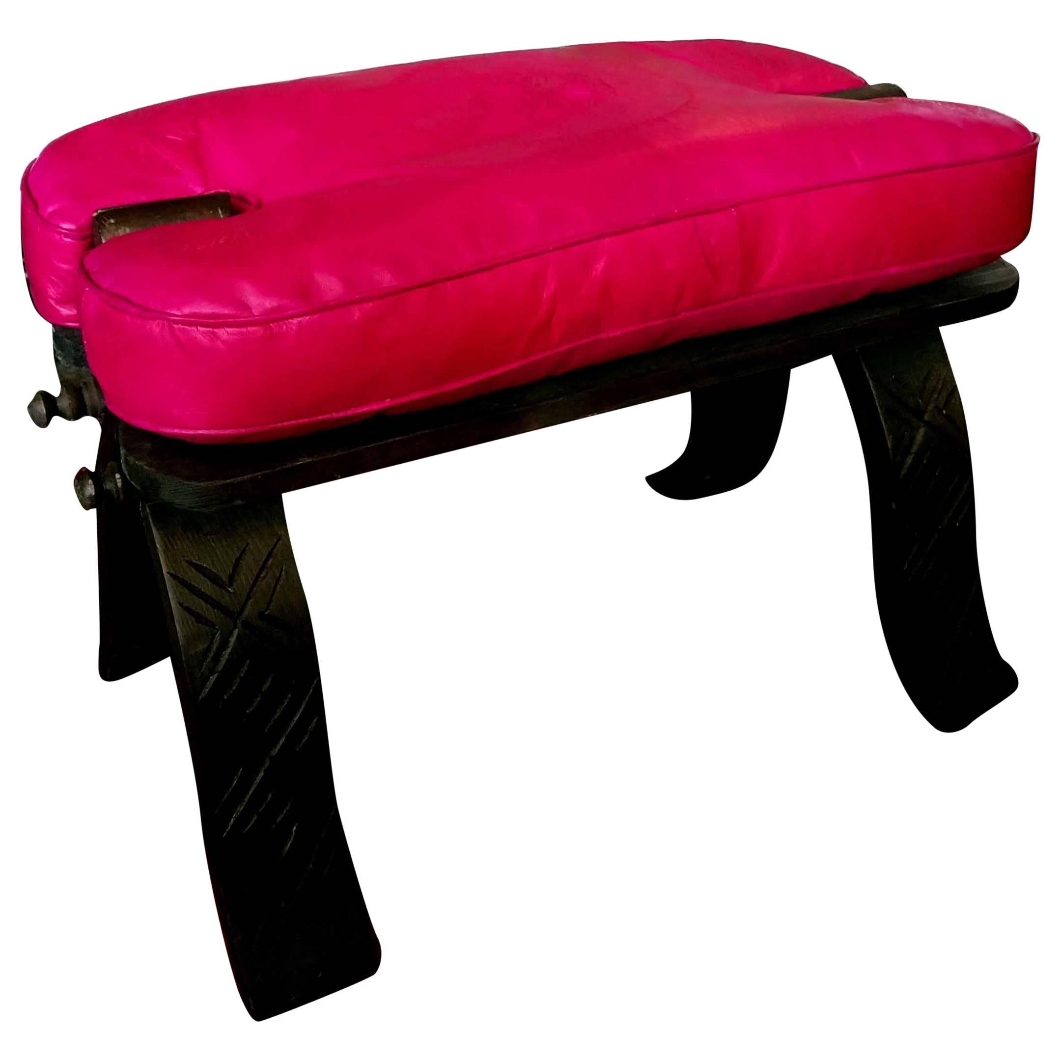 Handmade Moroccan Camel Saddle, Hot Pink Leather Cushion For Sale