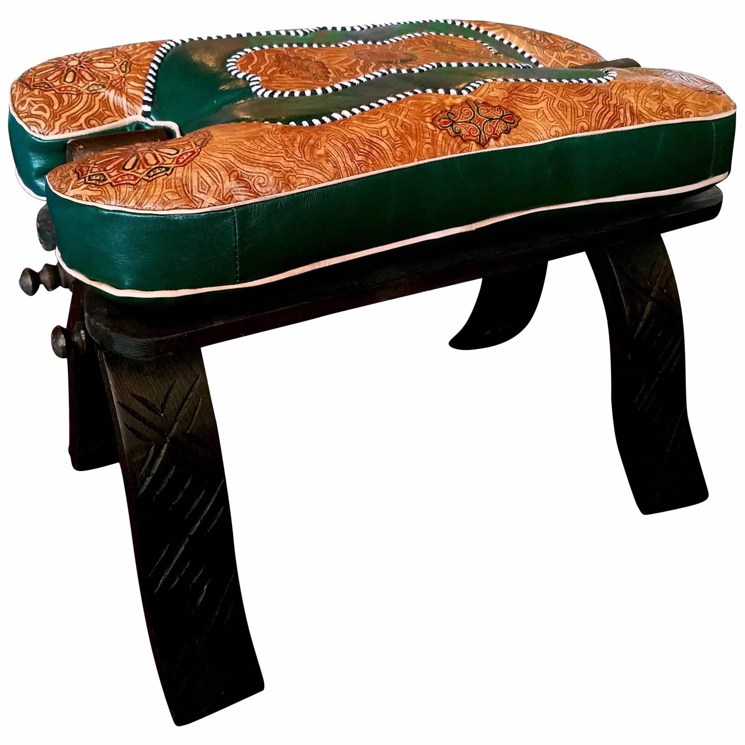 Handmade Moroccan Camel Saddle, Tan / Green Leather Cushion For Sale