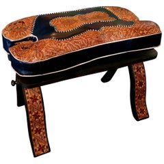 Handmade Moroccan Camel Saddle, Blue and Tan Leather Cushion