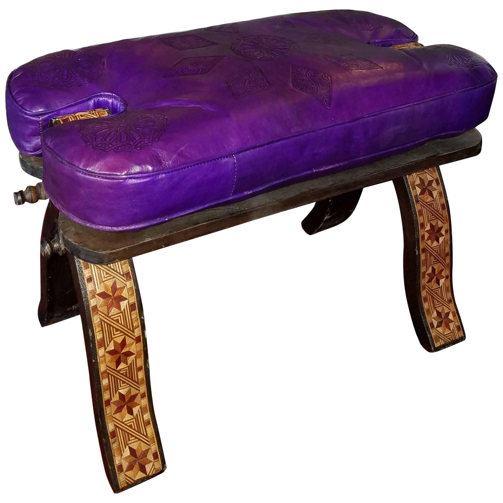 Handmade Moroccan Camel Saddle Bright Purple Leather Cushion For Sale
