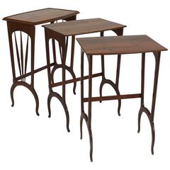 French Art Nouveau Walnut Rectangular Nest of Three Tables by Majorelle 1