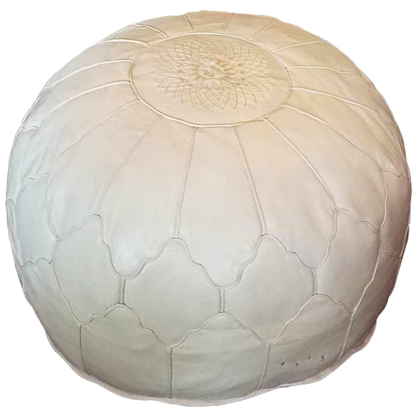 Oversize Moroccan Leather Pouf, Snow White For Sale