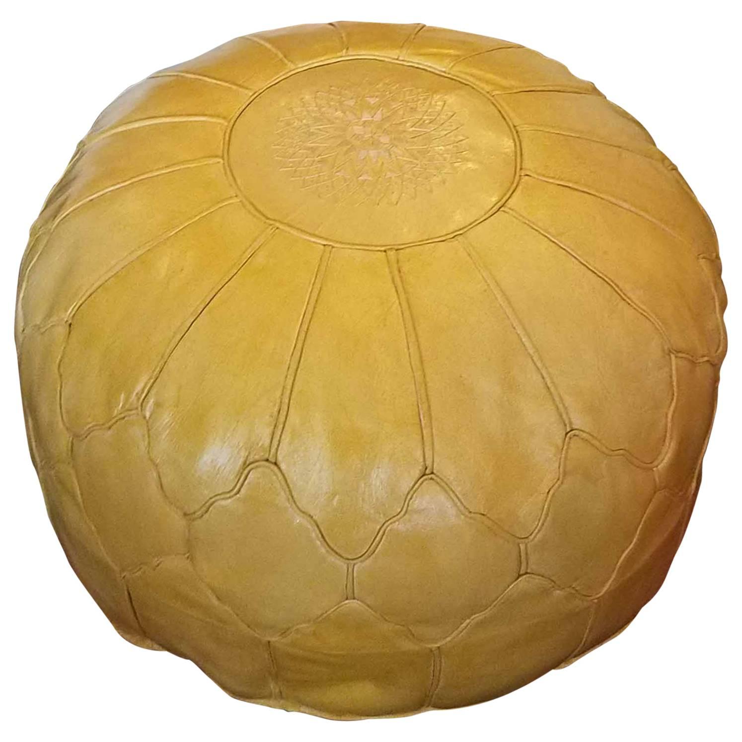 Oversize Moroccan Leather Pouf in Saffron Yellow For Sale