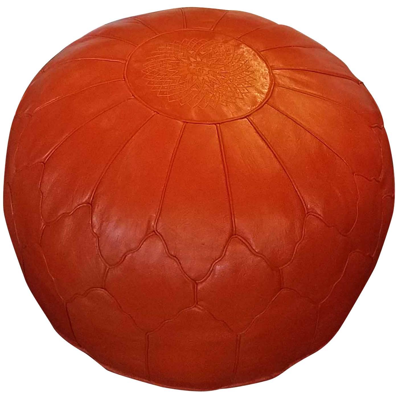 Oversize Moroccan Leather Pouf, Bright Orange For Sale