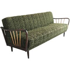 1960’s German Mid-Century Sofa Bed with Original Green Patterned Upholstery