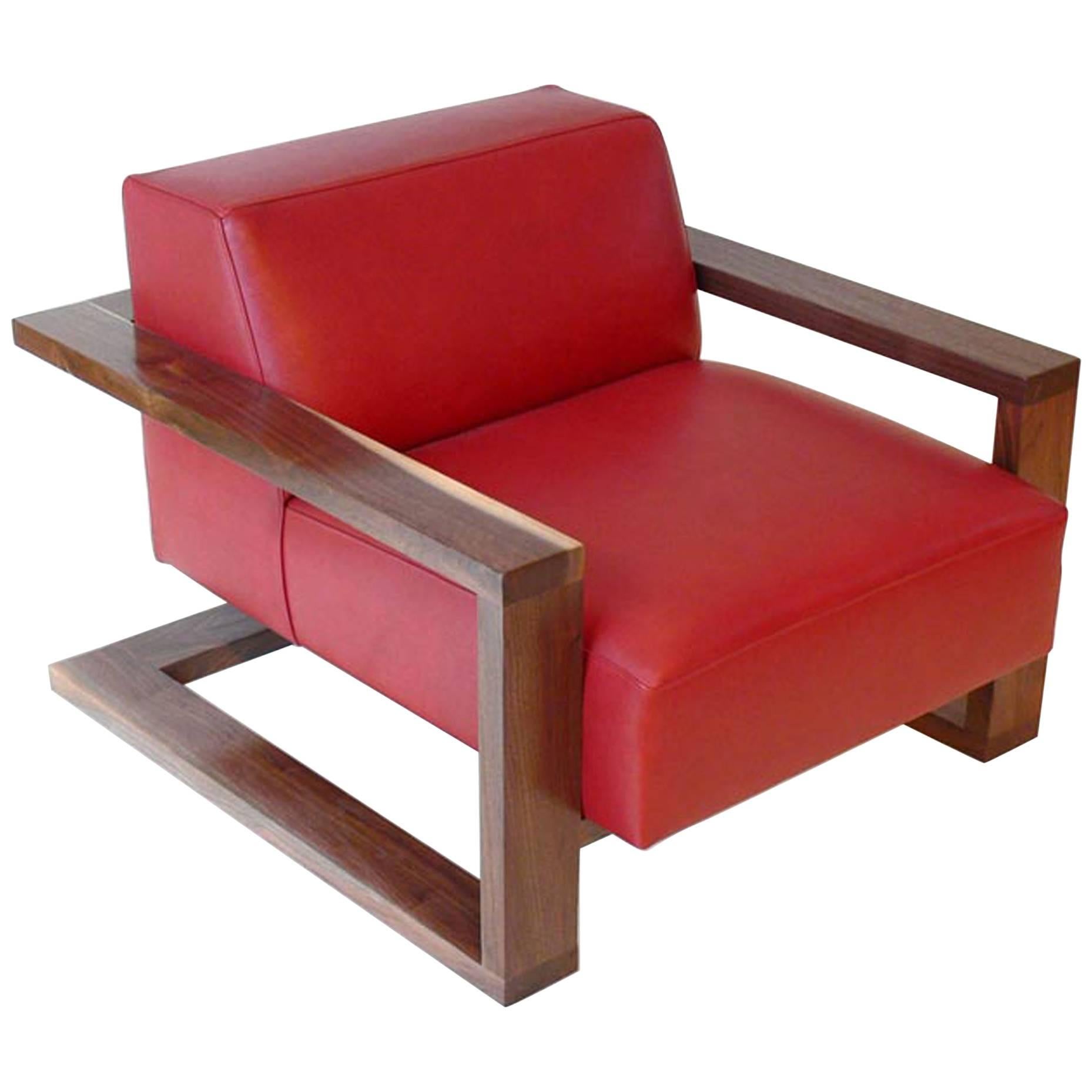 Caribou Lounge Chair in Red Leather with Walnut Hardwood Exposed Frame For Sale