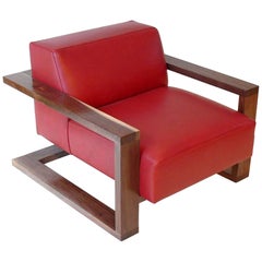 Caribou Lounge Chair in Red Leather with Walnut Hardwood Exposed Frame