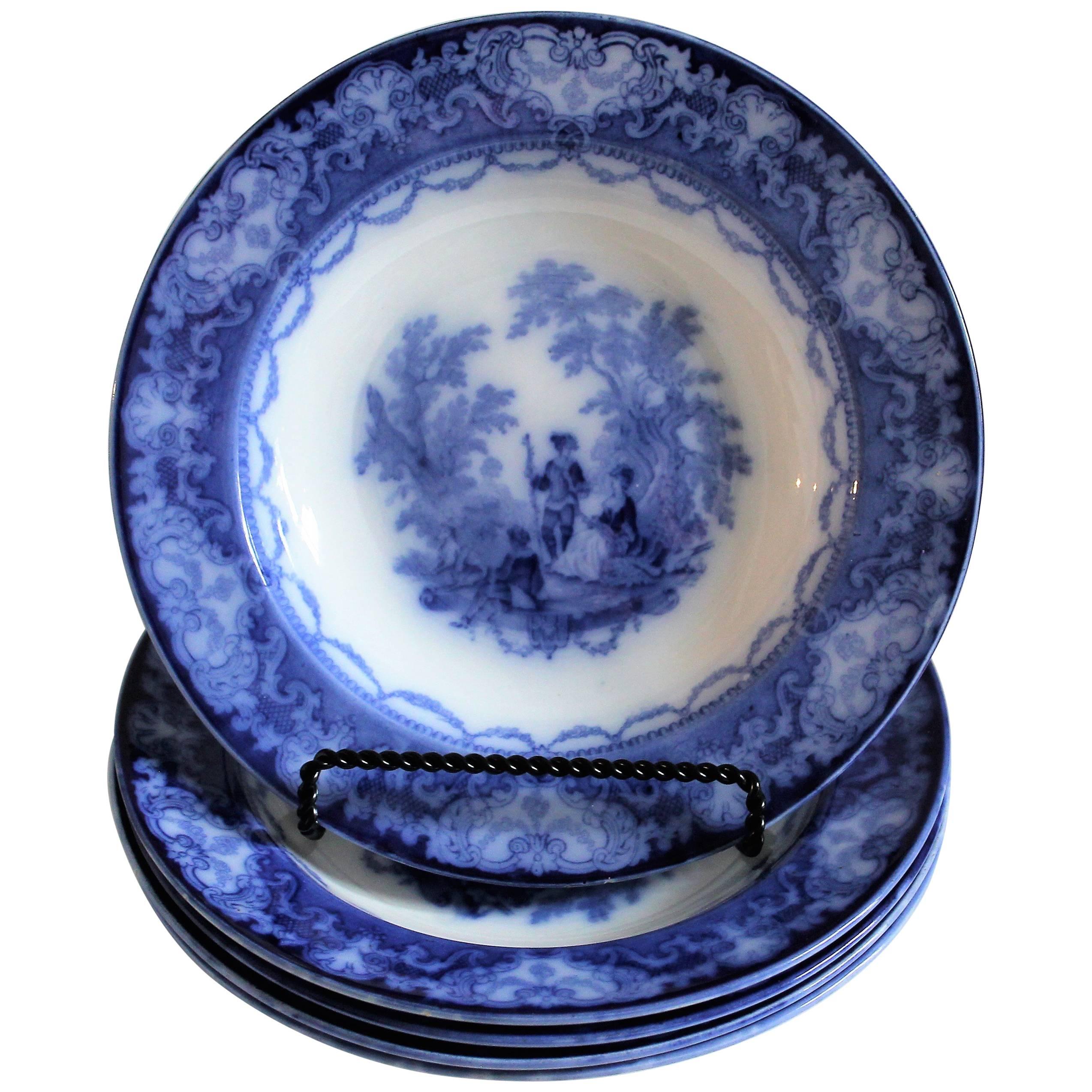 Large 19th Century Flo Blue Soup Bowls in Watteau Pattern or Doulton For Sale