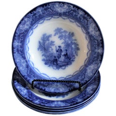 Large 19th Century Flo Blue Soup Bowls in Watteau Pattern or Doulton