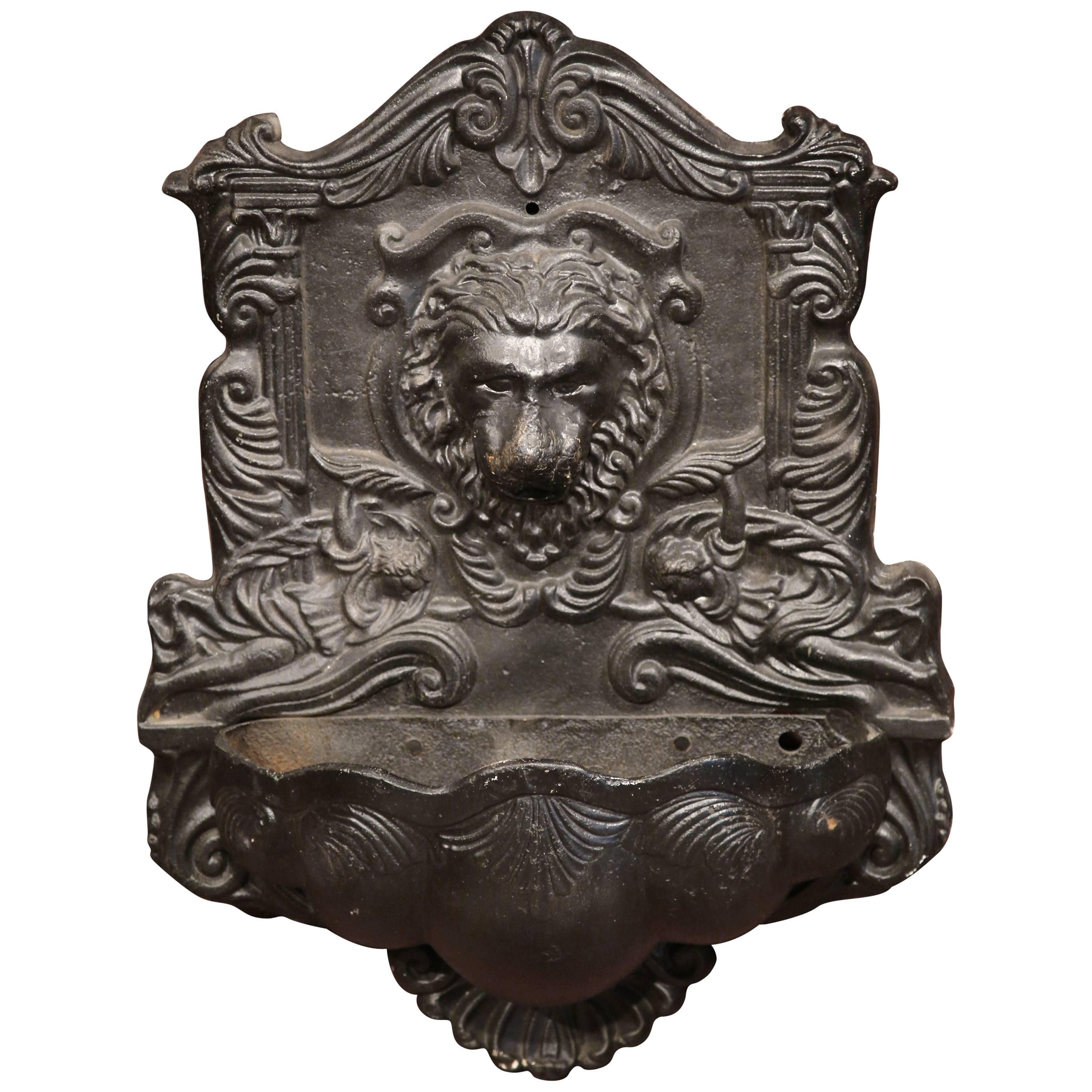 19th Century French Napoleon III Carved Iron Wall Fountain with Lion Head