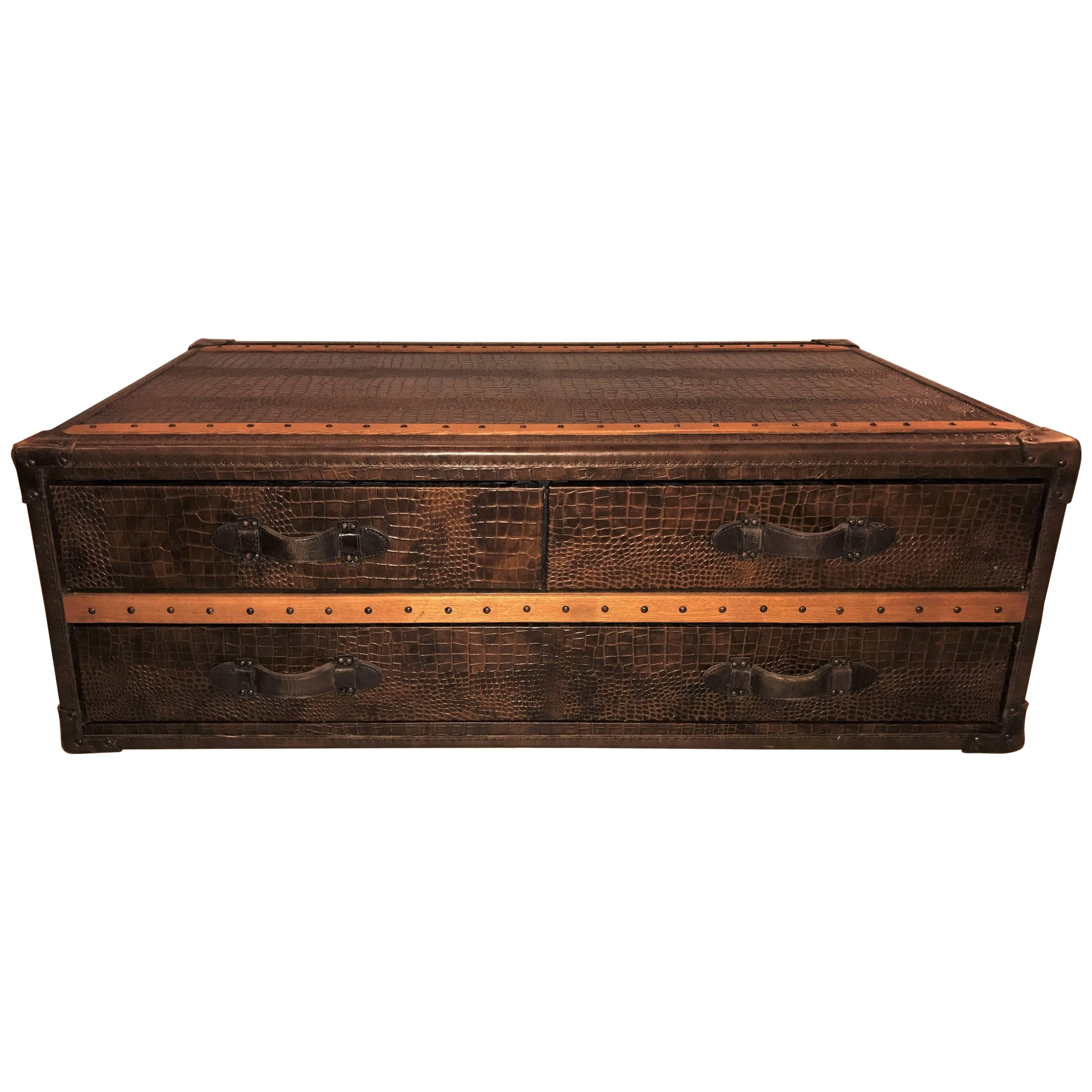 Leather Alligator Style Oak Trimmed Trunk or Coffee Table