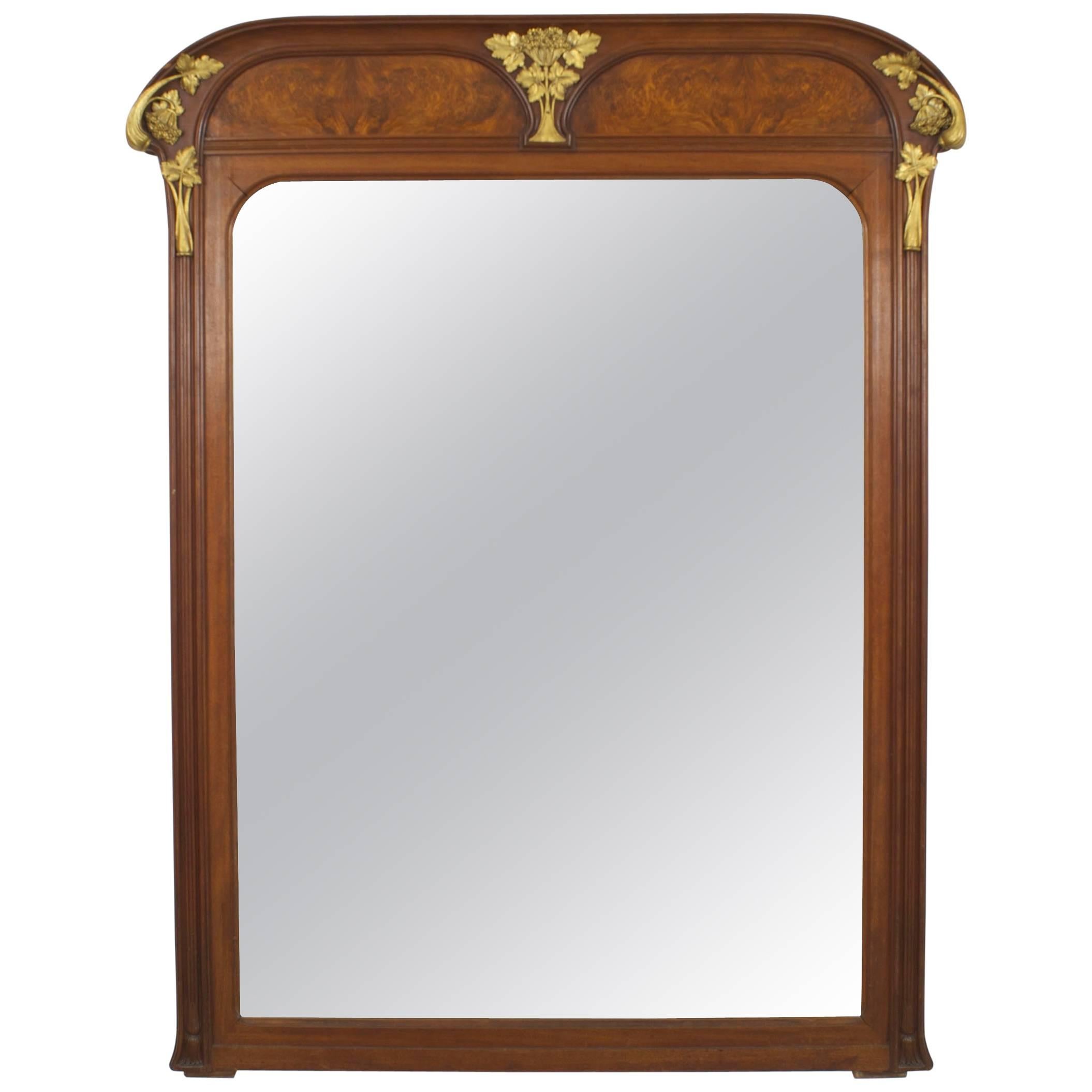 Louis Majorelle French Art Nouveau Walnut and Bronze Wall Mirror For Sale