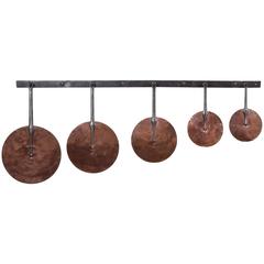 French Hanging Rack in Steel with 5 Copper Lids, circa 1900