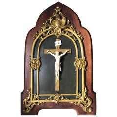 Antique Bronze & Rosewood Crucifix Easel Stand with Stunning Bone Christ Corpus 7