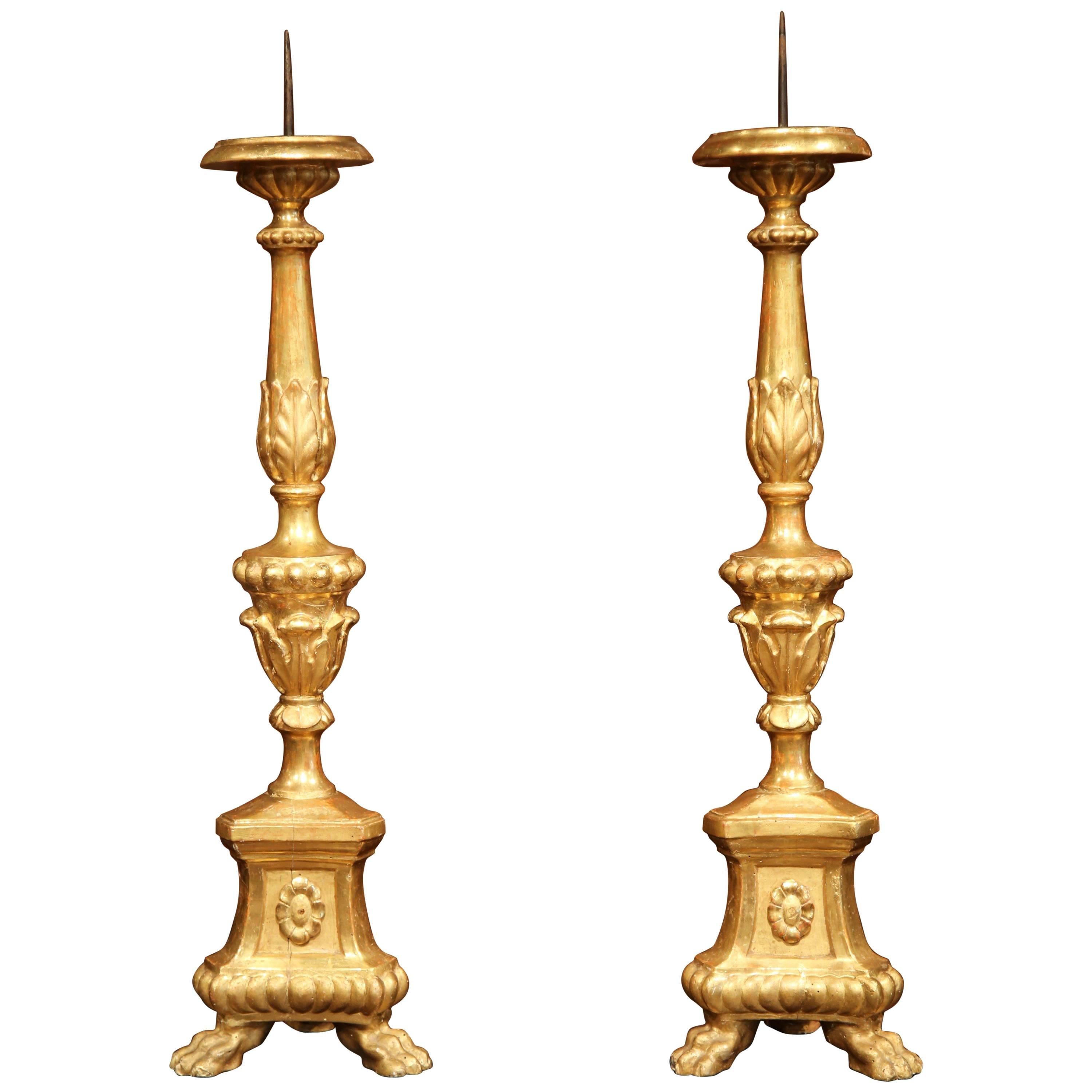 Pair of 19th Century Italian Carved Gold Leaf Prickets Candlesticks