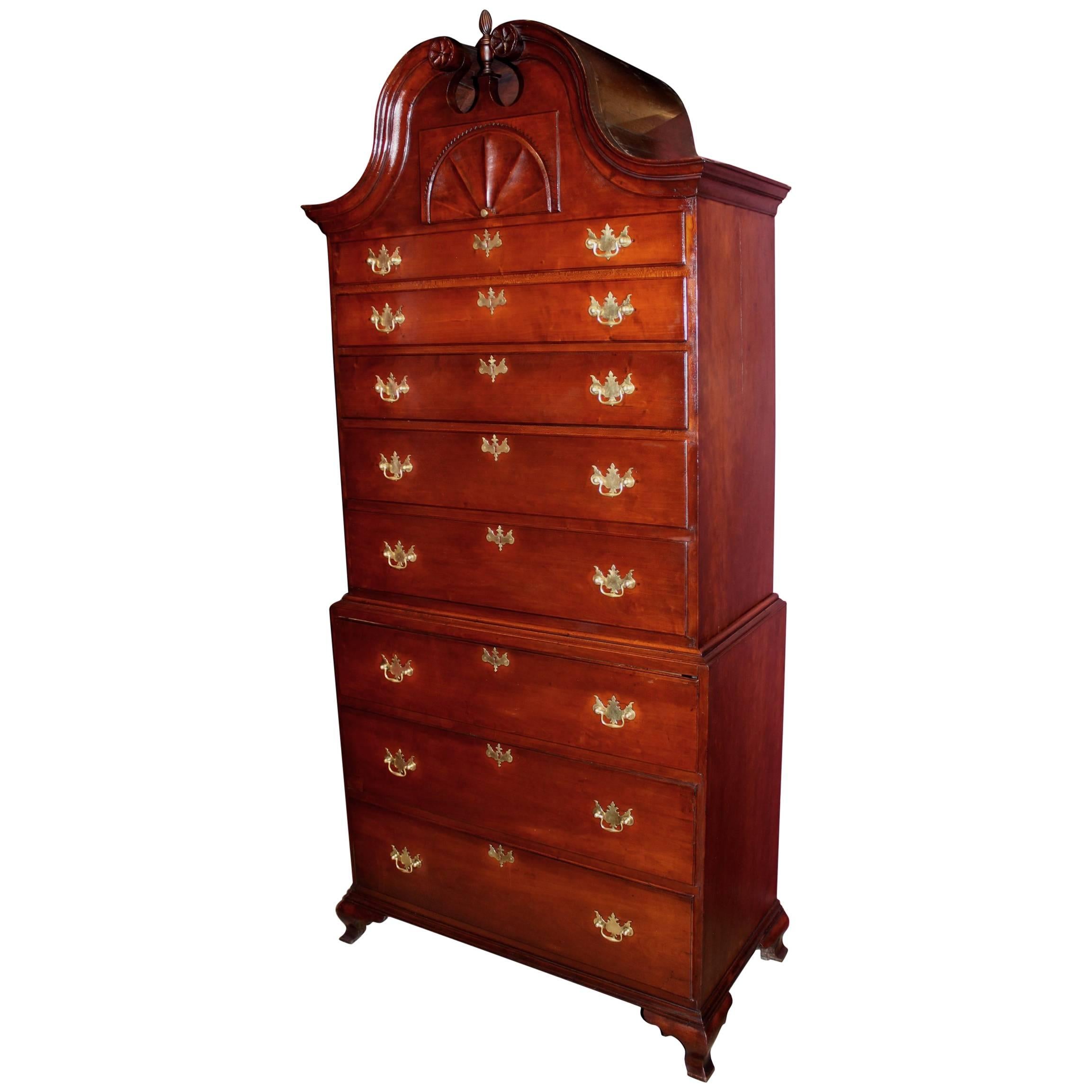 Exceptional Connecticut Chippendale Cherry Bonnet Top Chest on Chest, circa 1765