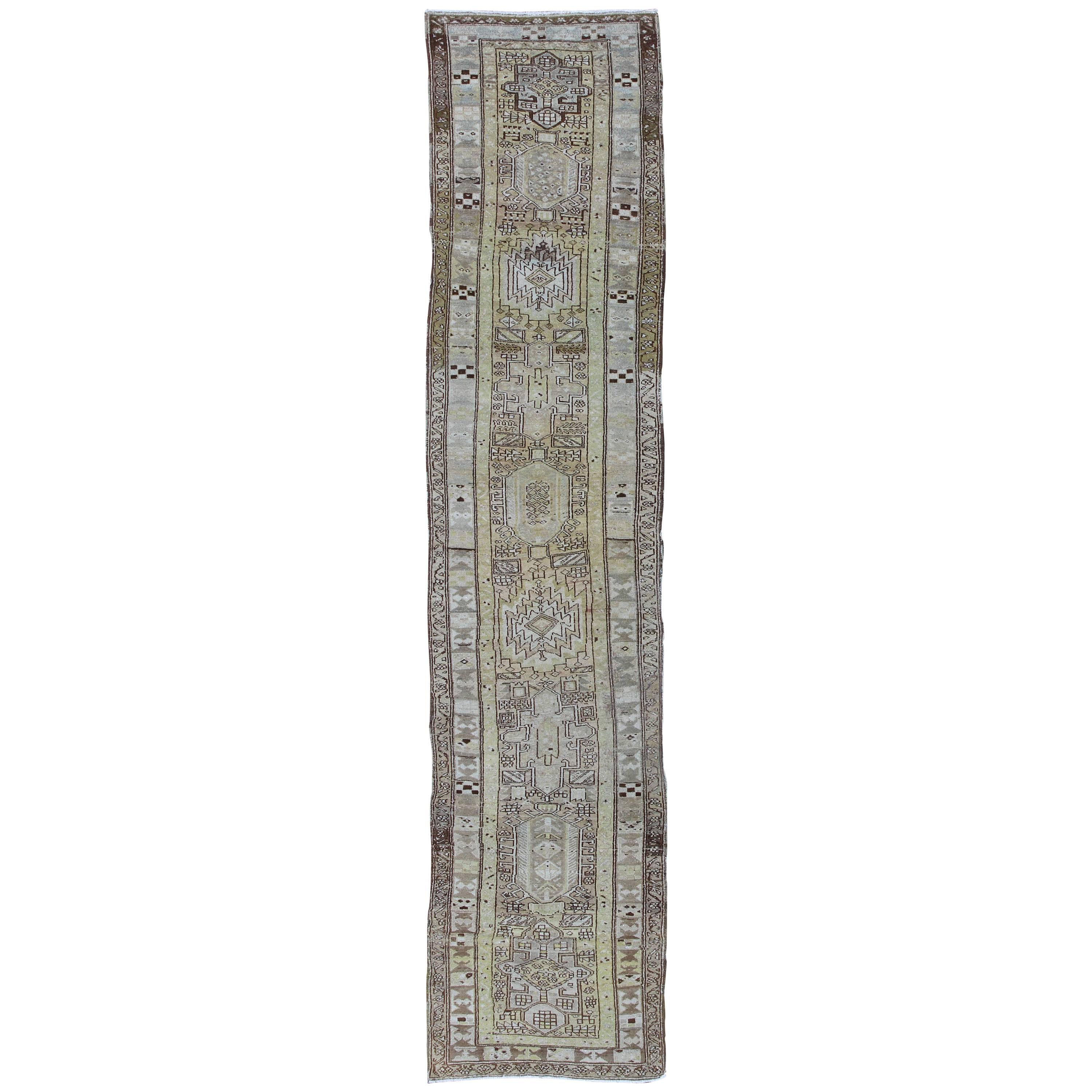 Antique Heriz Runner With Geometric Design in Taupe, Yellow Green, Olive & Brown For Sale