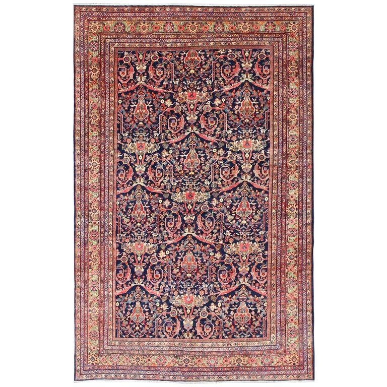 Persian Sultanabad Mahal Carpet with LargeScale Flowers Set on Navy