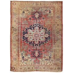 Antique Persian Serapi-Heriz Rug with Floral & Geometrics in Red, Blue and Camel