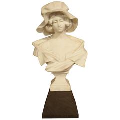 Antique French Marble Bust of a Young Woman, Wooden Base, Early 1800s