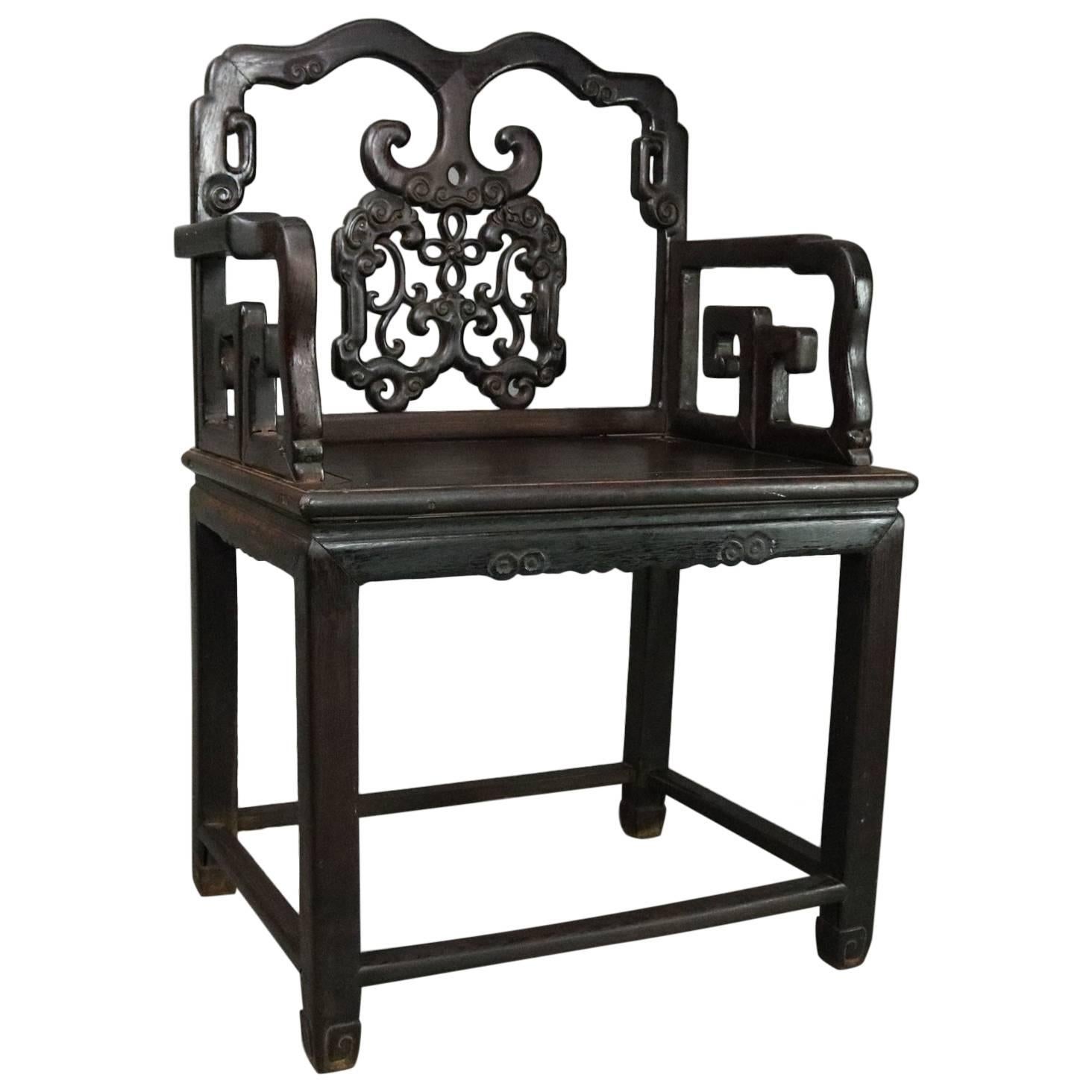 Antique Chinese Ebonized Carved Hardwood Throne Armchair, circa 1890