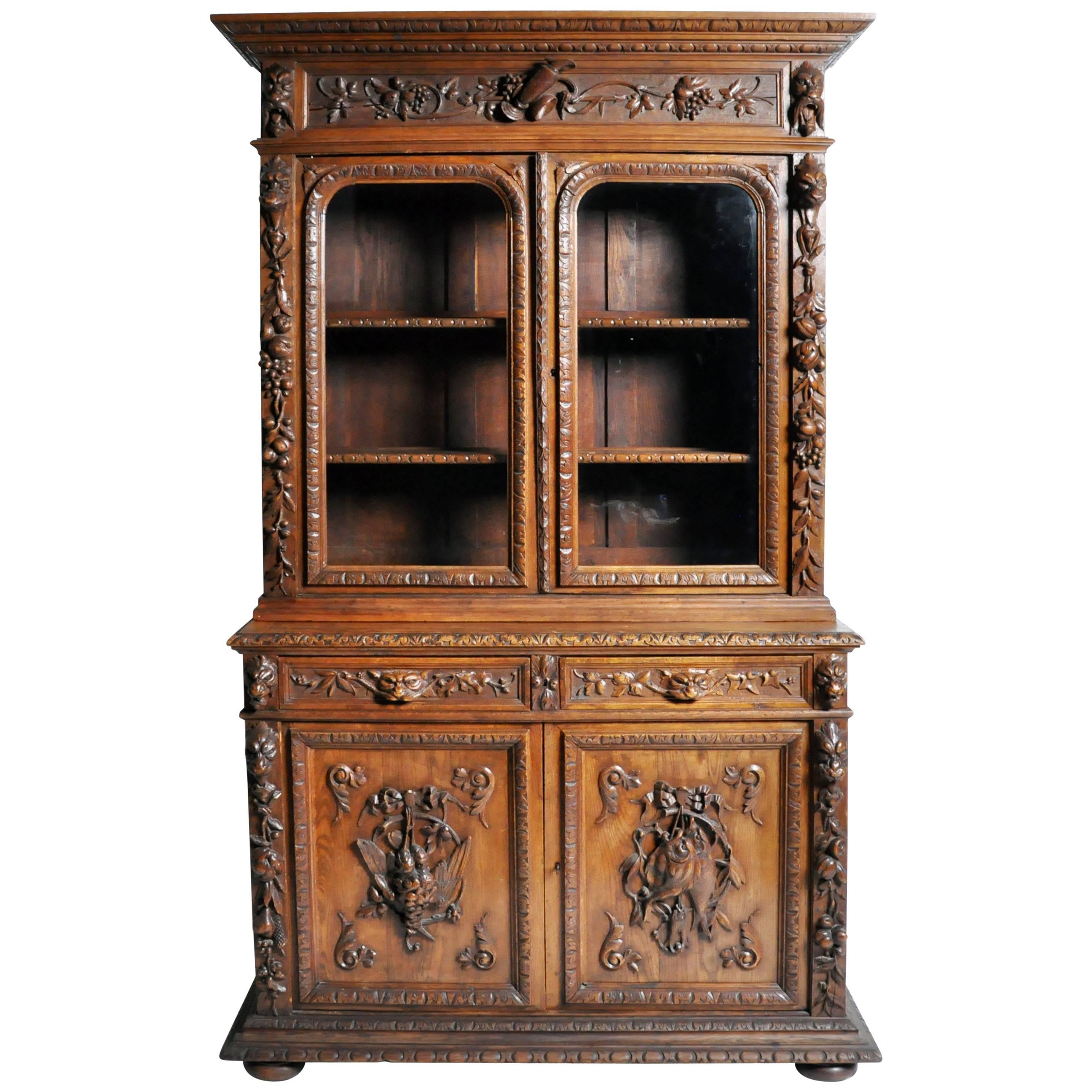 French "Black Forest" Style Hunting Oak Buffet Cabinet