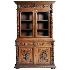 French "Black Forest" Style Hunting Oak Buffet Cabinet