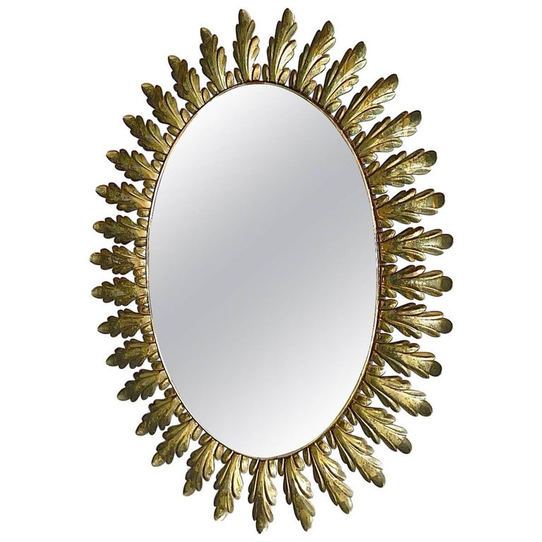 Large Midcentury Wall Mirror Patinated, Oval Starburst Wall Mirror