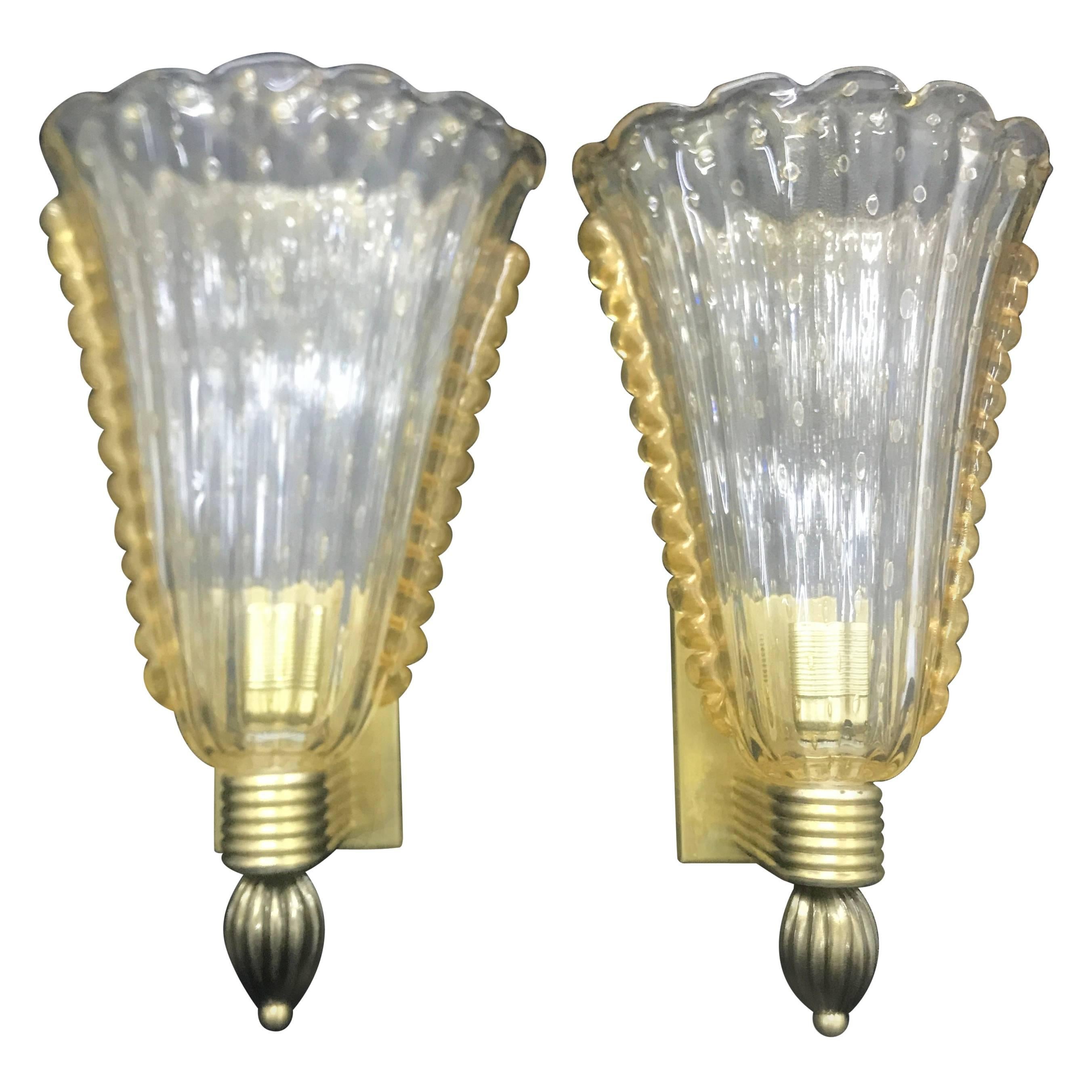 Vintage Pair of Murano Glass and Brass Wall Sconces, circa 1950
