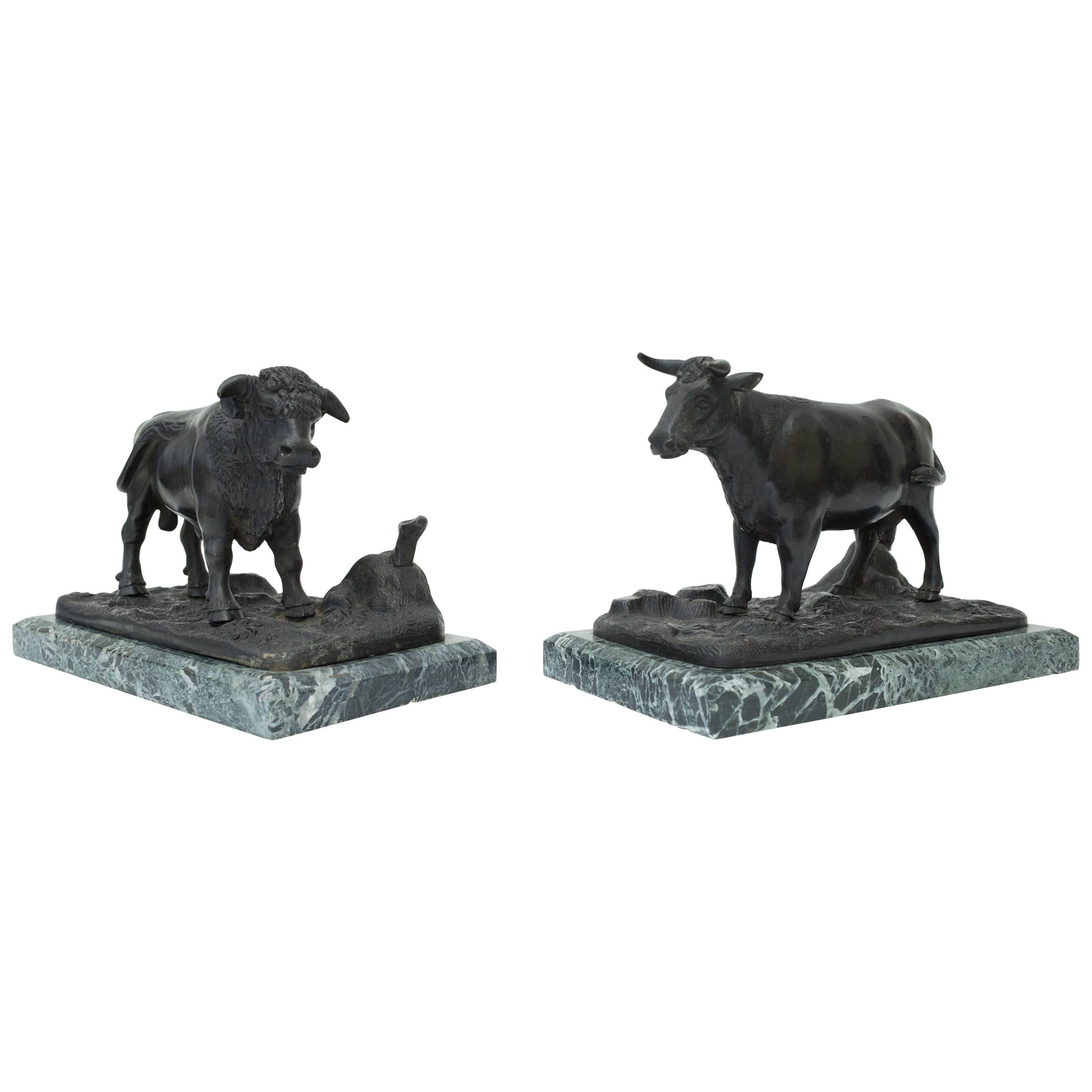 19th Century Pair Bronze Bull Cow on Marble Base For Sale