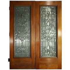 Pair of Beveled Leaded Beveled Glass Doors with Finished Oak Frame, circa 1920