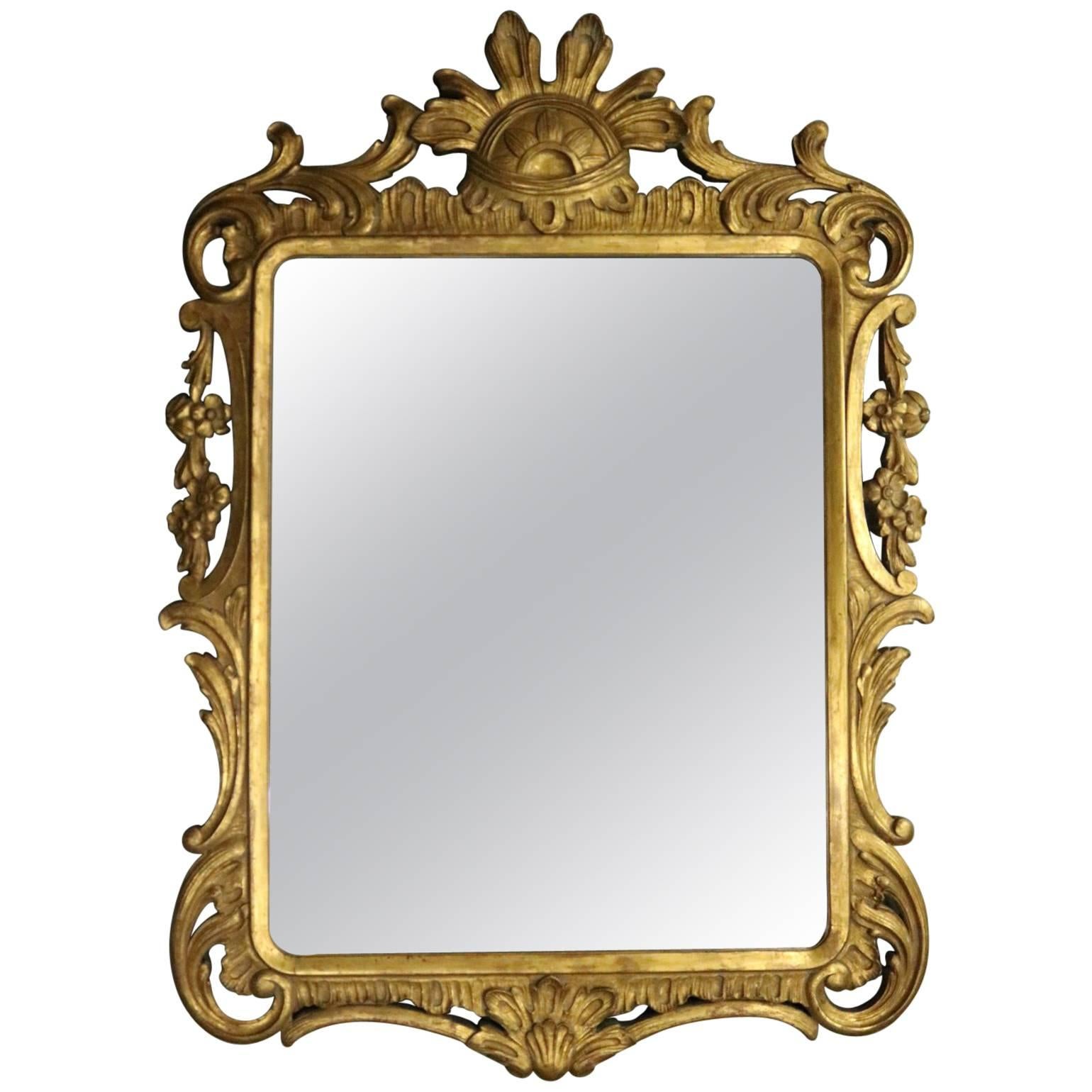 Antique French Pierced Gold Giltwood Wall Mirror, Scroll & Foliate Design