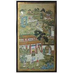 19th Century Monumental Antique Chinese Chiang Watercolor of Village Scene