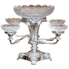 19th Century English Silver Plated Epergne Centrepiece with Five Cut-Glass Bowls