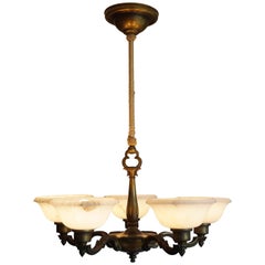 Stylish Small Size Arts and Crafts Brass & Alabaster Pendant Light / Chandelier