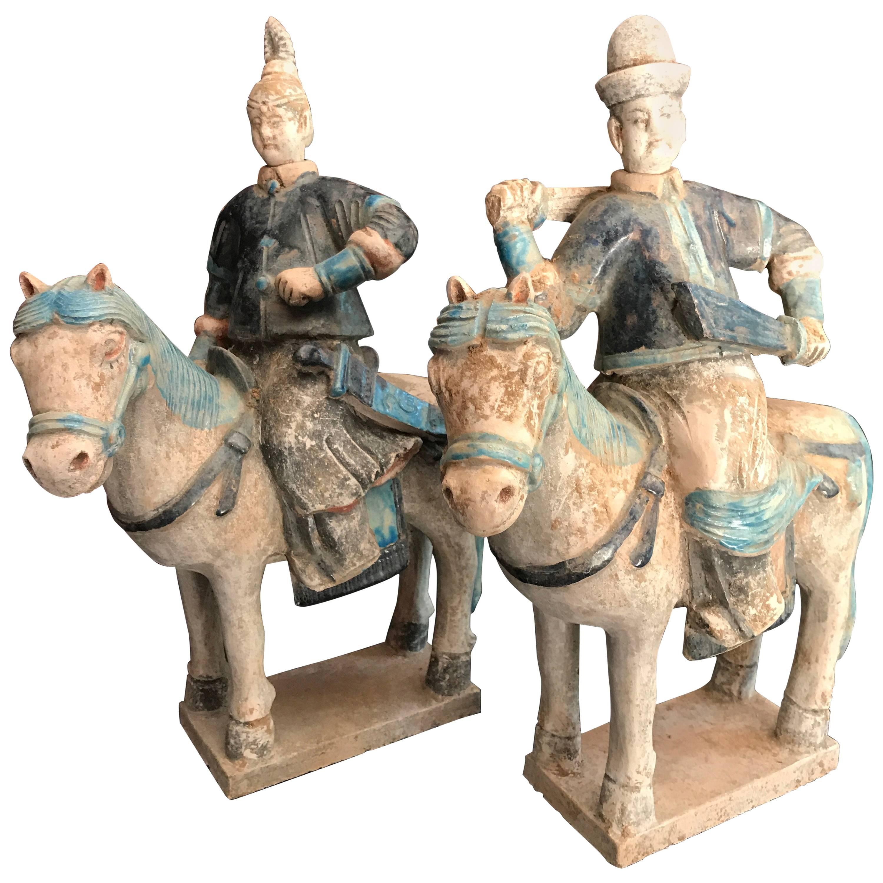 Pair of Ancient China Ming Horse Riders Male & Female Ming Dynasty, 1368-1644