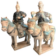 Antique Pair of Ancient China Ming Horse Riders Male & Female Ming Dynasty, 1368-1644