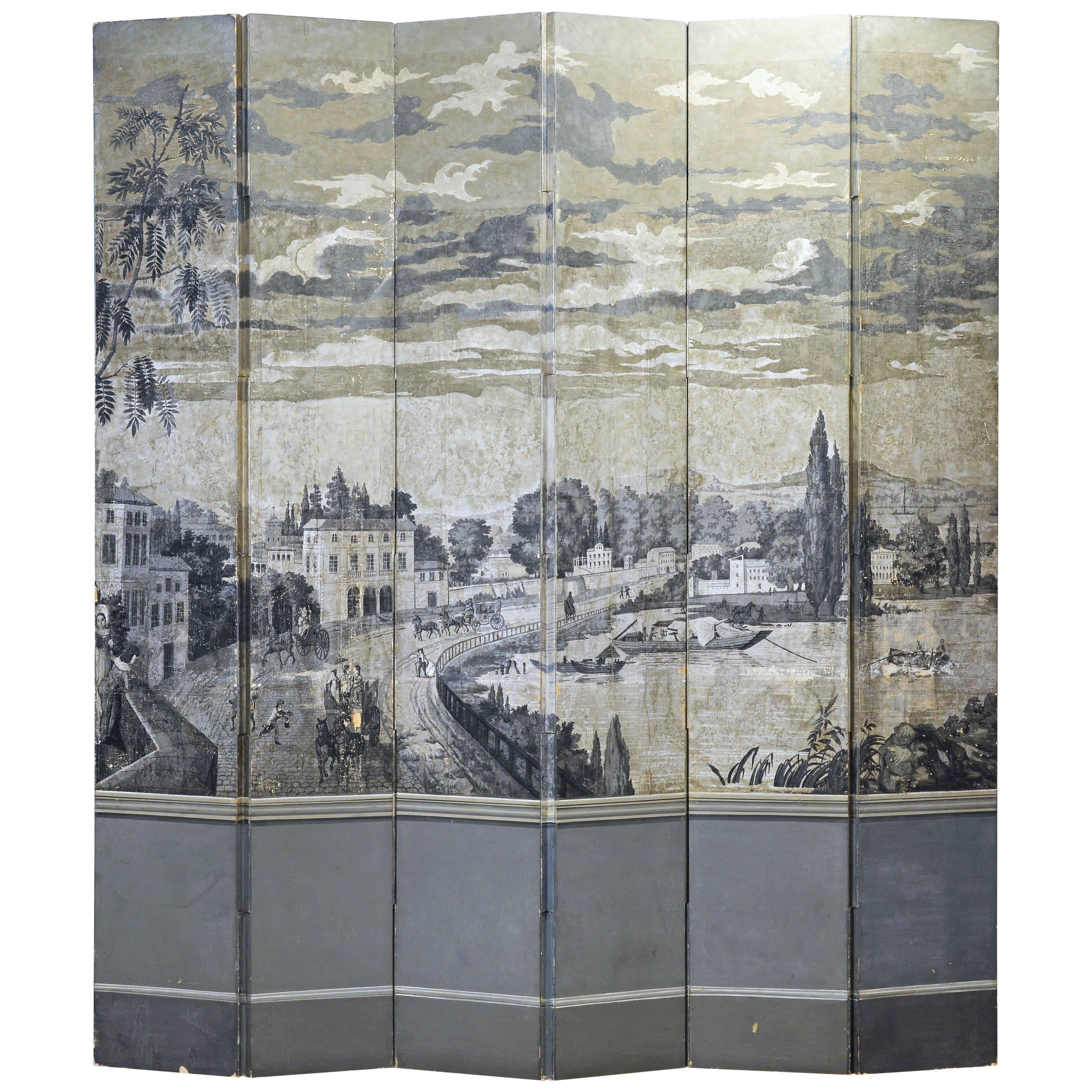 Early 19th Century French Six-Panel Grisaille Wall Paper Screen Manner of Dufour