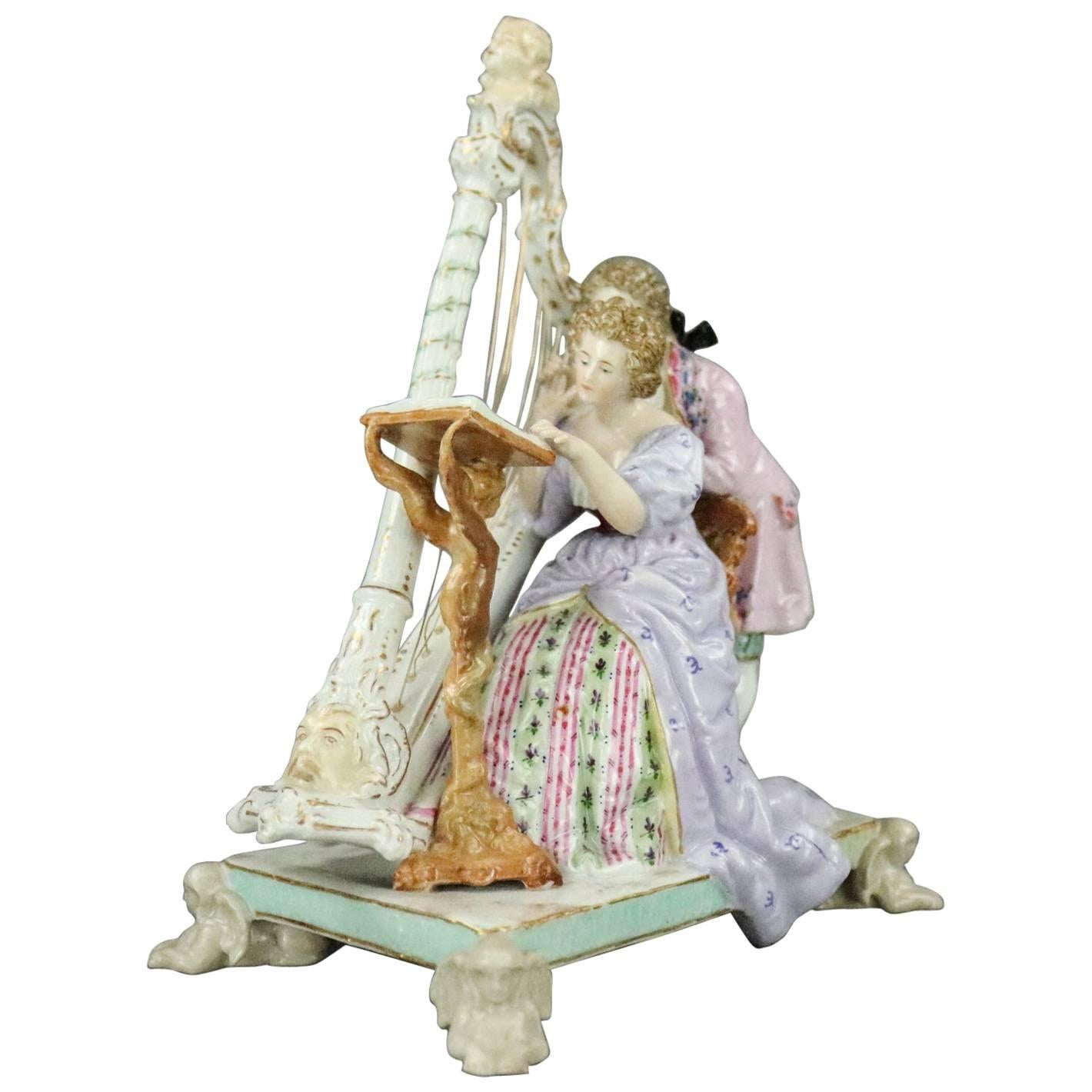 Antique German Ludwigsburg Porcelain Figural Group, Harpist Couple, circa 1820