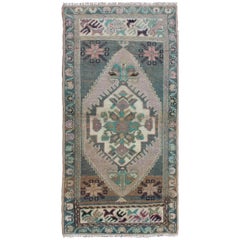 Turkish Oushak Small Rug with Central Medallion in Aqua, Taupe and Pink