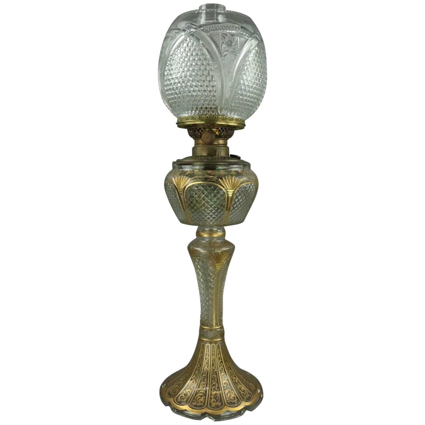 Antique Bradley & Hubbard Cut-Glass Gilt Decorated Electric Banquet Lamp