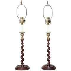 Antique Pair of Mid-19th Century Barley Twist Candlesticks Converted to Lamps