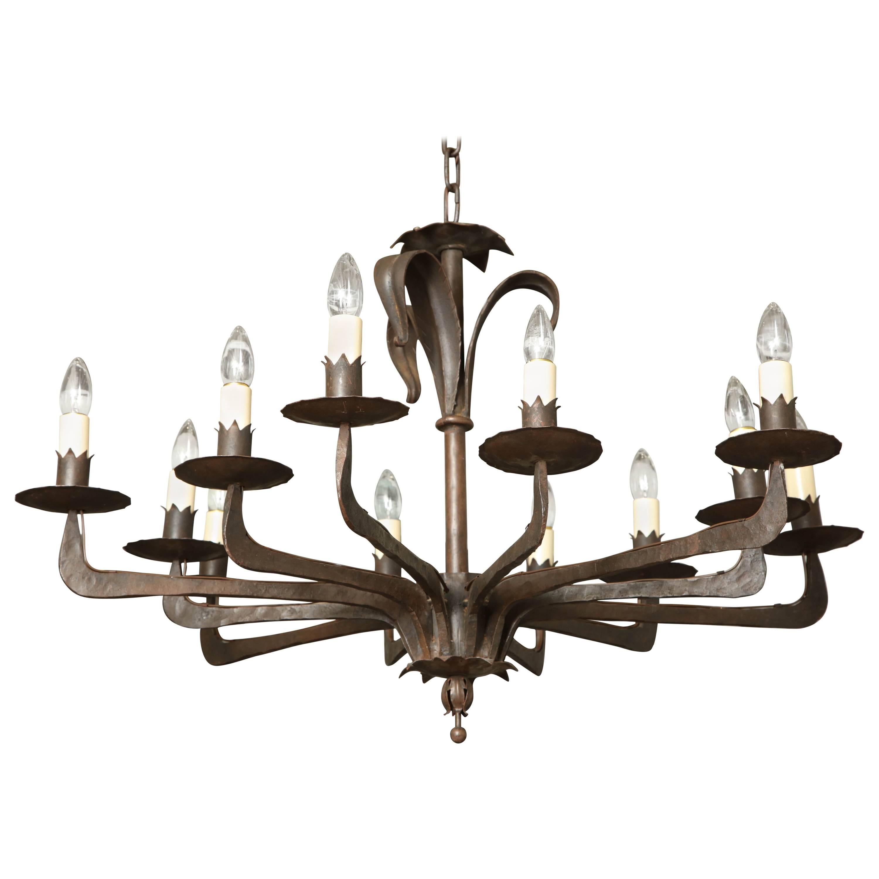 Large Twelve-Arm Iron Chandelier, Spain, circa 1960s