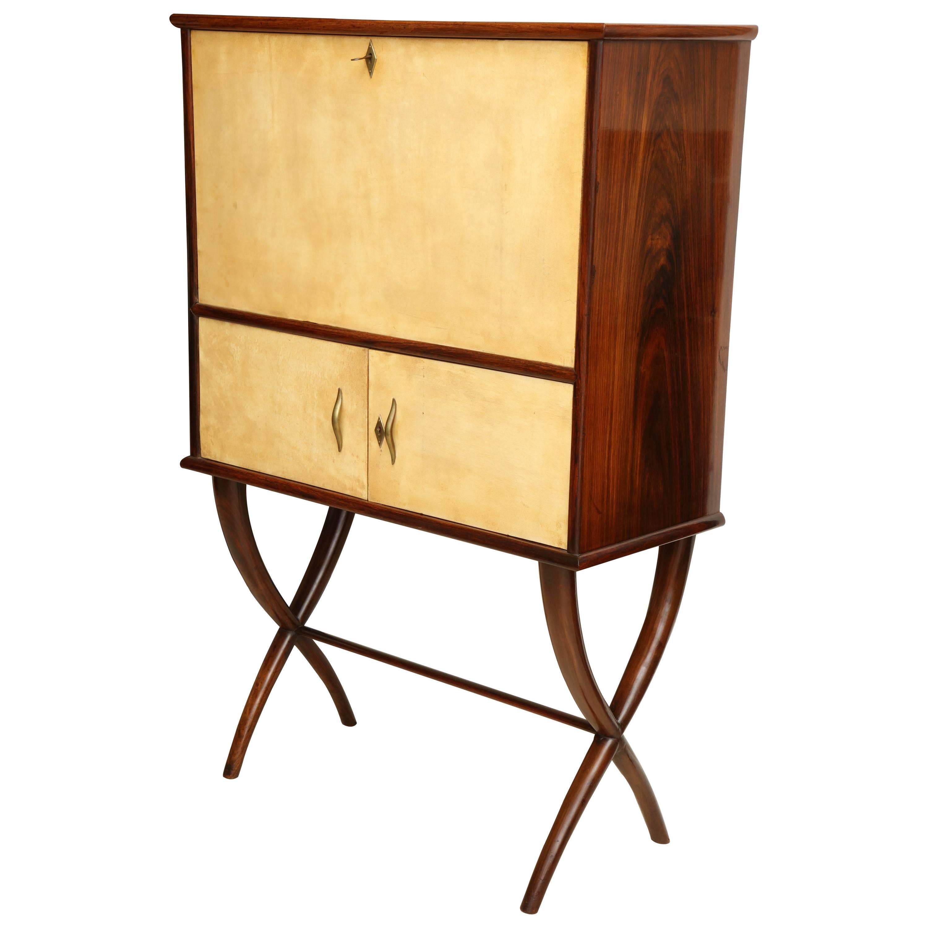 Mid-Century Rosewood Bar Cabinet with Parchment Clad Doors, Italy
