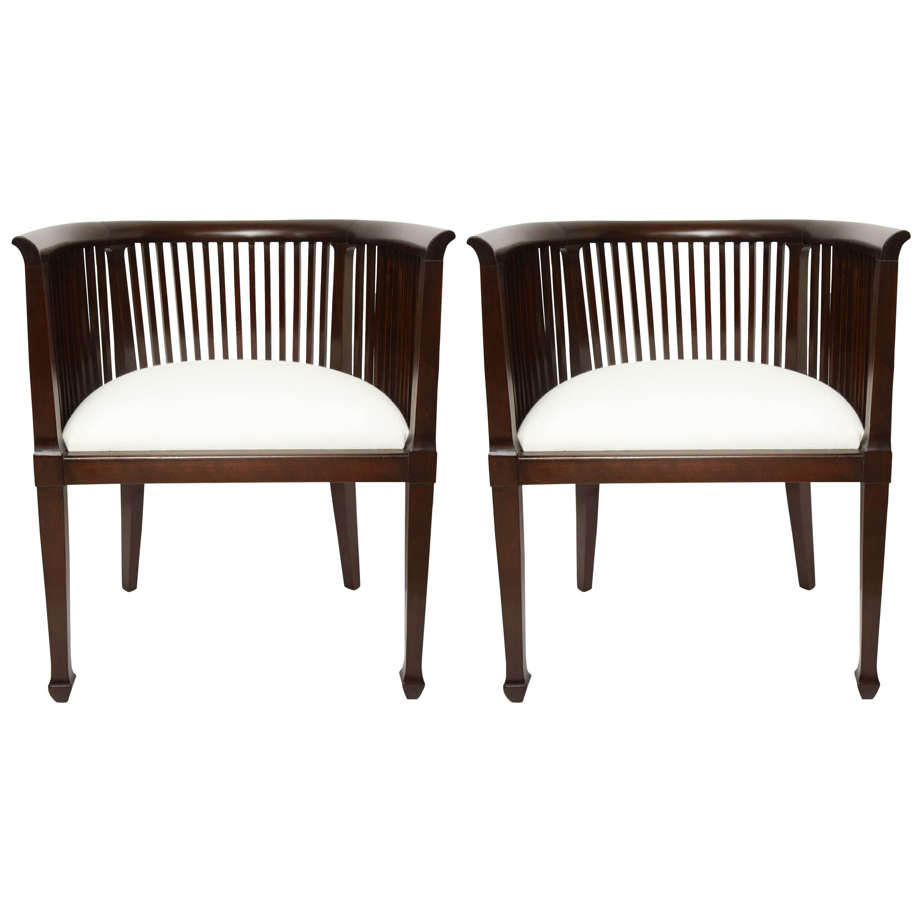 Pair of Slatted and Curved Back Mahogany Chairs, France, circa 1940s