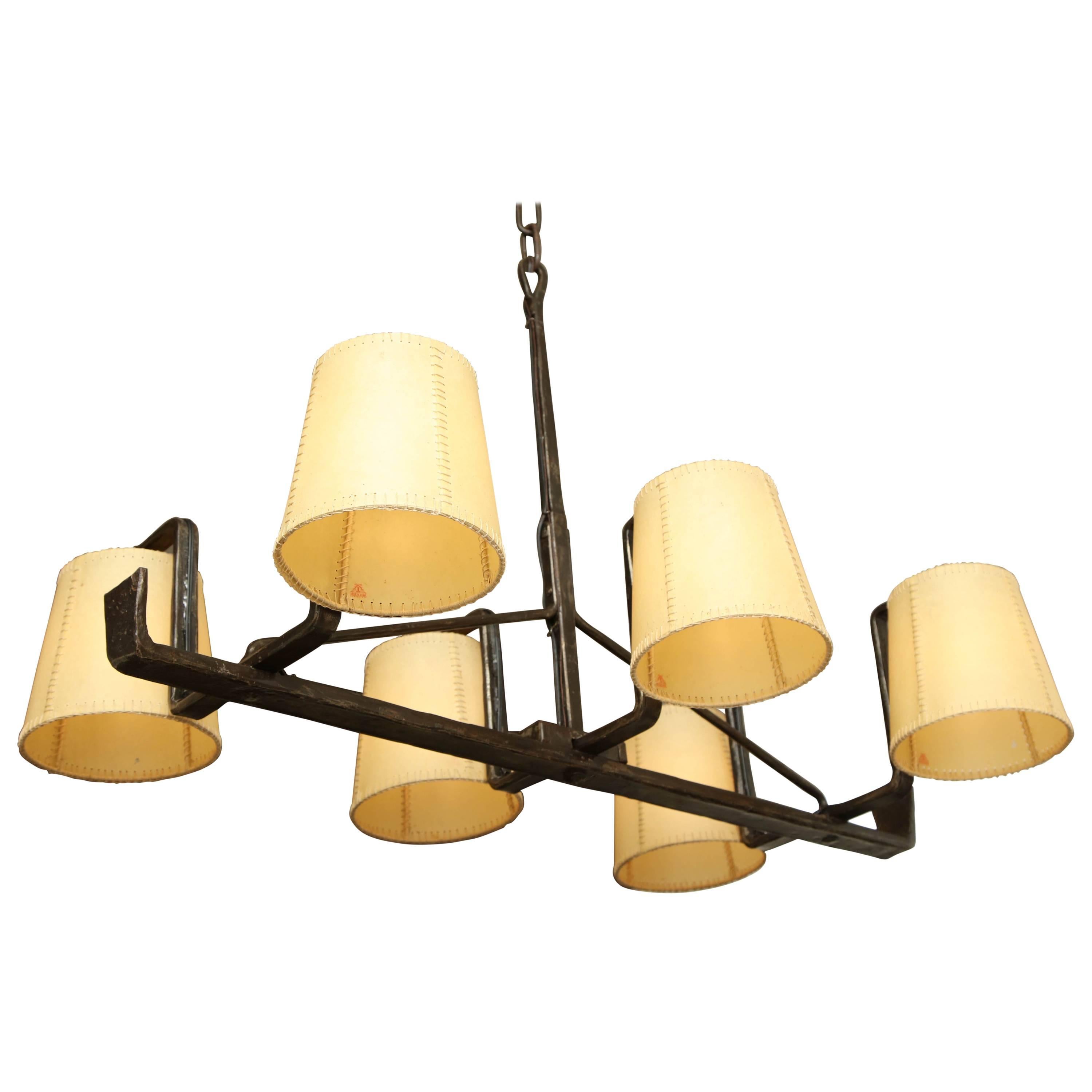 Rectangular Six-Arm Iron Chandelier with Parchment Shades, Spain, circa 1970s For Sale