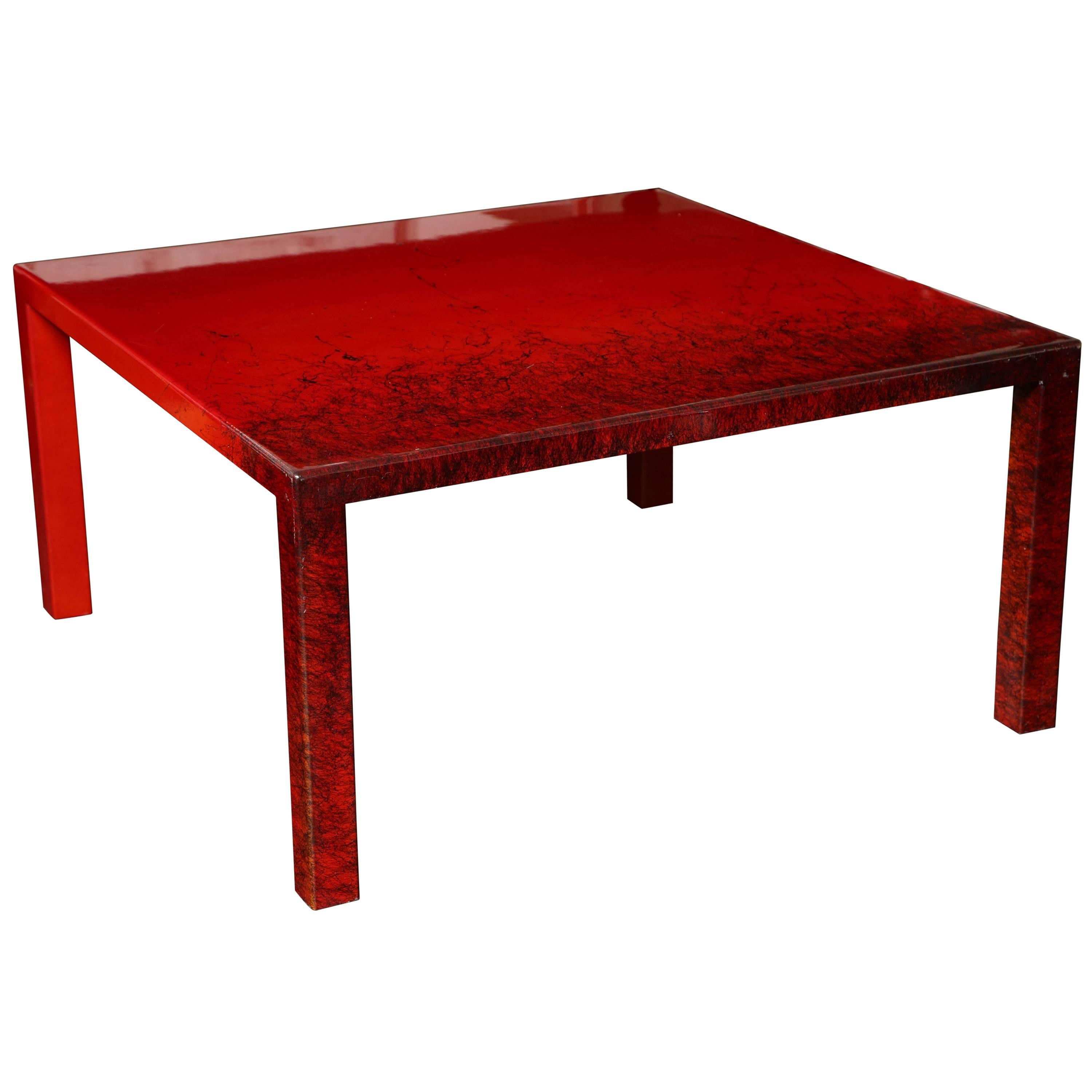 Contemporary Red Laquered Coffee Table, Square Leg For Sale